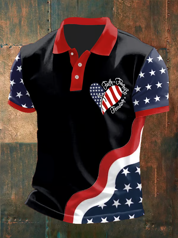 Men's American Flag Button Short Sleeve Polo Shirt