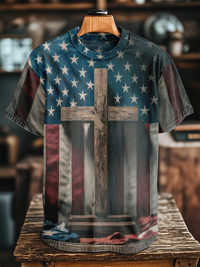 Men's Vintage Casual American Flag Cross Art Short Sleeve T-Shirt