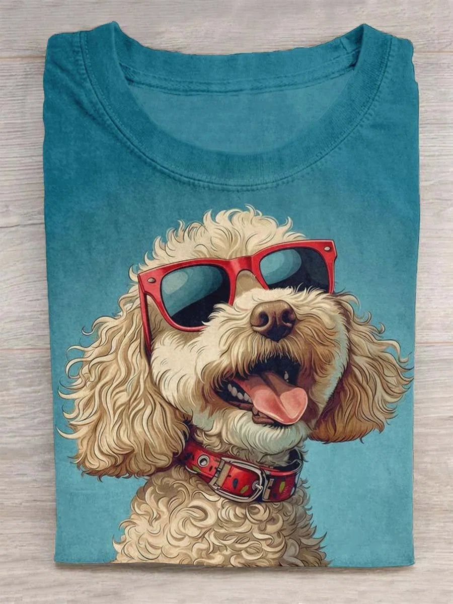 Happy Dog with Sunglasses Print Design T-shirt
