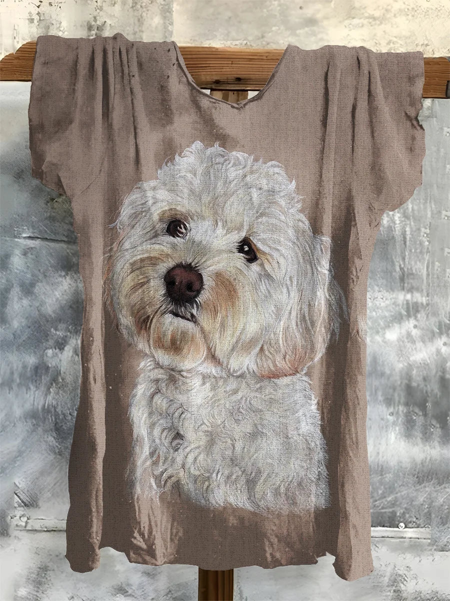Dog Art Print Casual Crew Neck T-Shirt