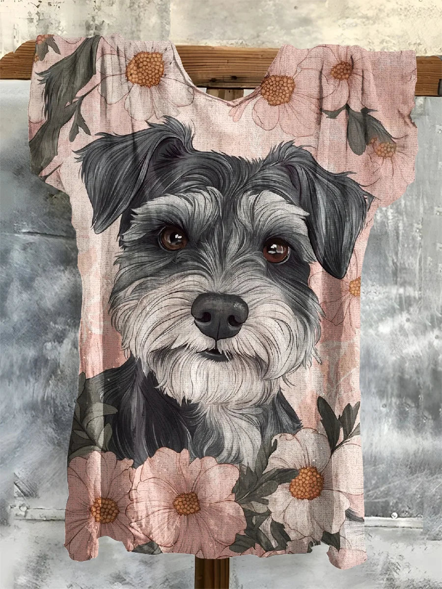 Dog Art Print Casual Crew Neck T-Shirt