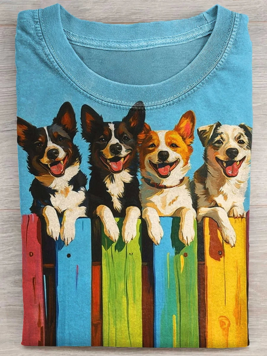 Happy Dogs Art Print Casual Short Sleeve T-shirt