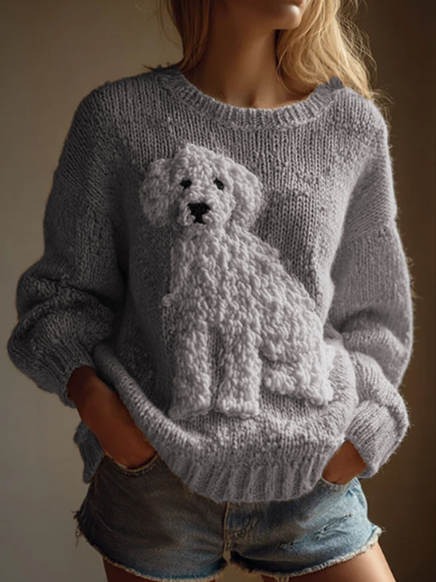 Women's Vintage Fuzzy Dog Felt Cozy Knit Sweater