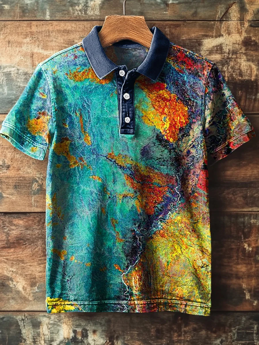Vintage Art Marble Textured Abstract Print Casual Polo Shirt