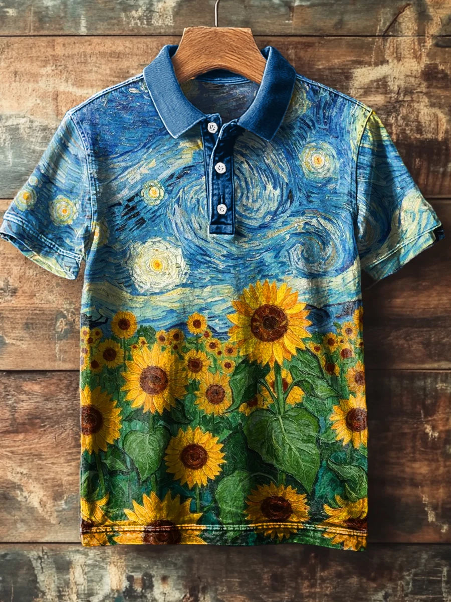 Vintage Sunflower Starry Night Oil Painting Art Print Casual Polo Shirt