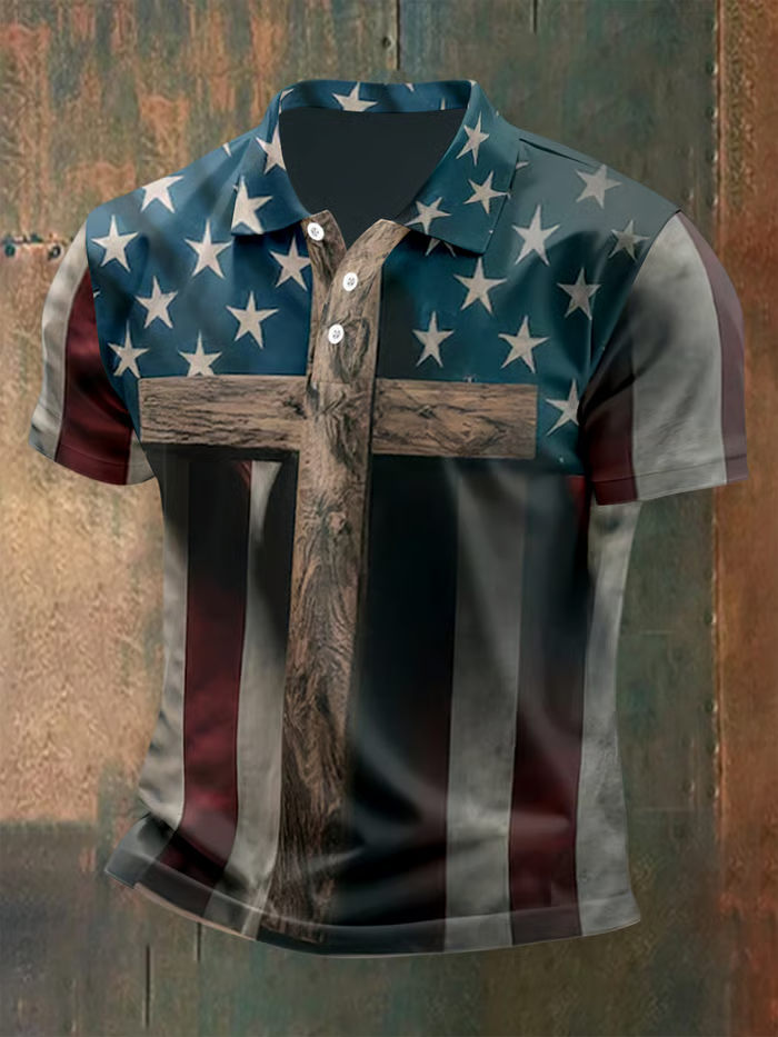 Men's American Flag Button Short Sleeve Polo Shirt