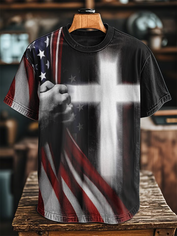 Men's Vintage Casual American Flag Cross Art Short Sleeve T-Shirt