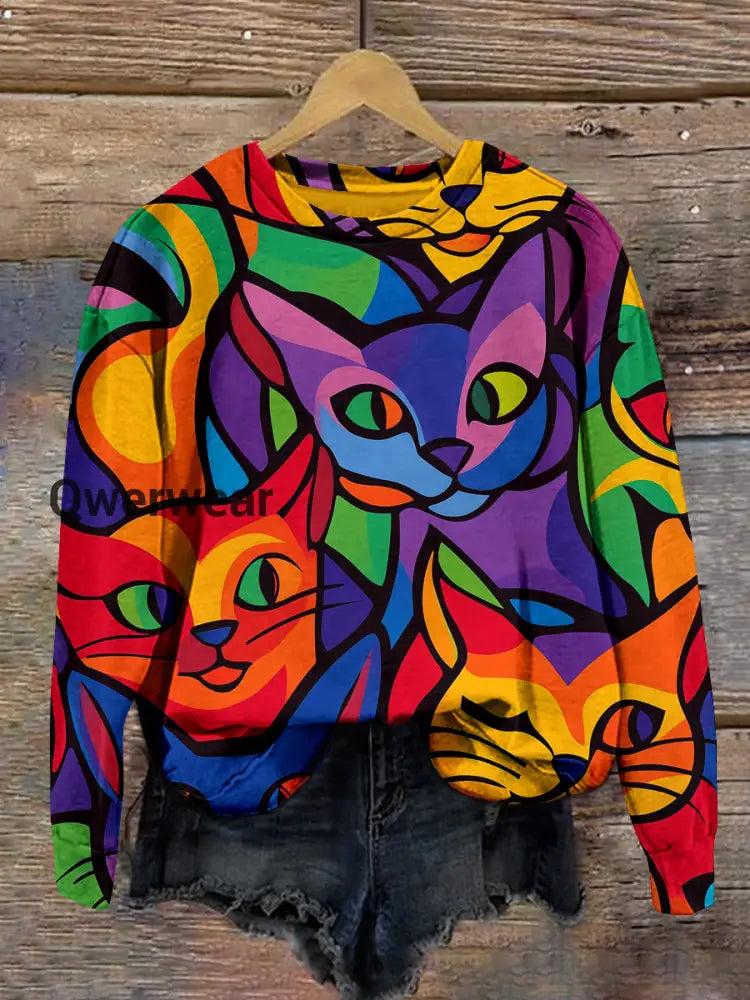 Abstract Cat Art Print Unisex Crew Neck Long Sleeve Casual Sweatshirt Colorful / S