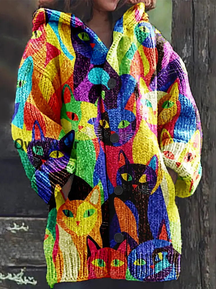 Abstract Geometric Cat Print Button Thick Hooded Cardigan Sweater Colorful / S