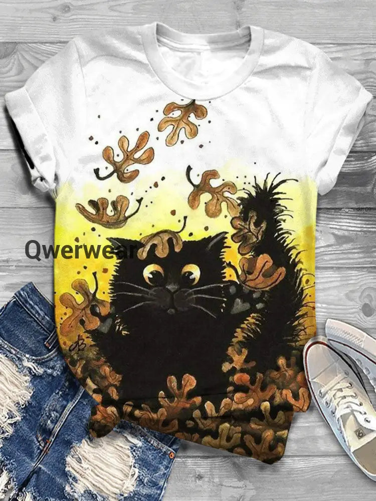 Autumn Black Cat Leaf Print Crew Neck T-shirt Mixed Color / S Halloween