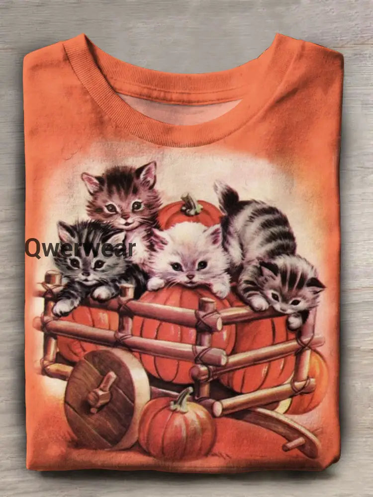 Autumn Pumpkin Cat Print Casual Short Sleeve Top Mixed Color / S Women\’s Tops