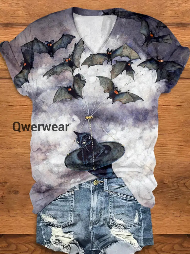 Bats Witch Cat Print V-Neck Short Sleeve Casual T-Shirt multicolor / S Halloween