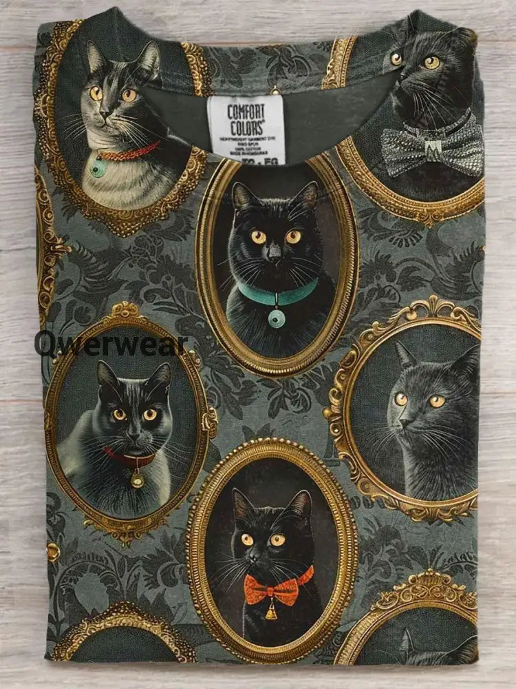 Black Cat Art Print Casual Short Sleeve T-shirt Multicolor / S