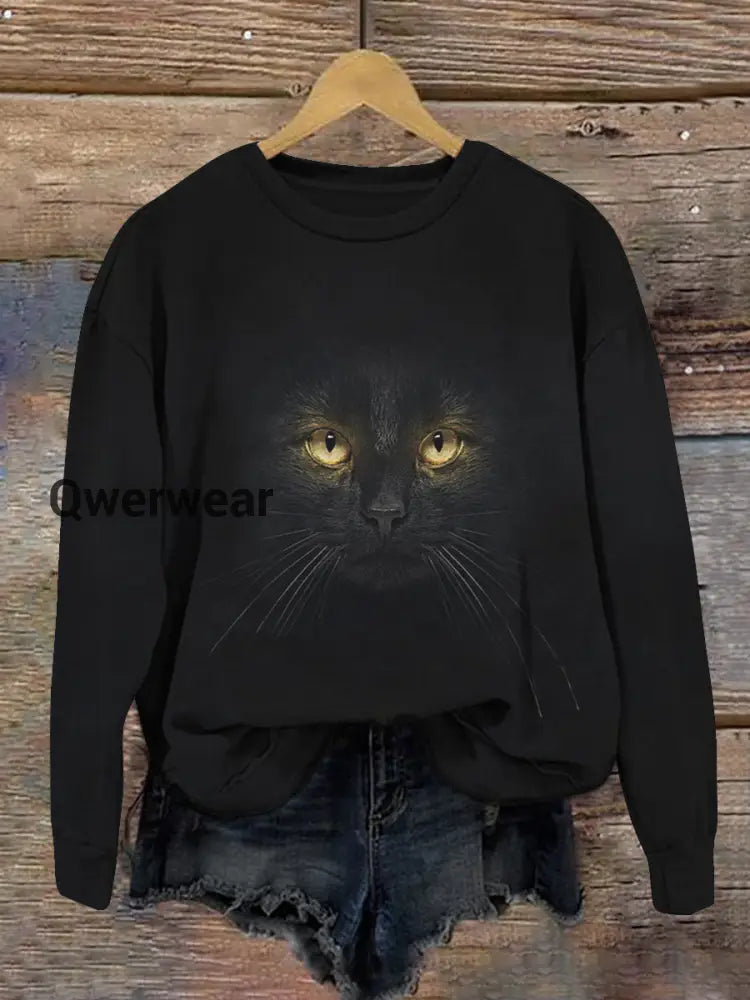 Black Cat Art Print Unisex Crew Neck Long Sleeve Casual Sweatshirt Black / S