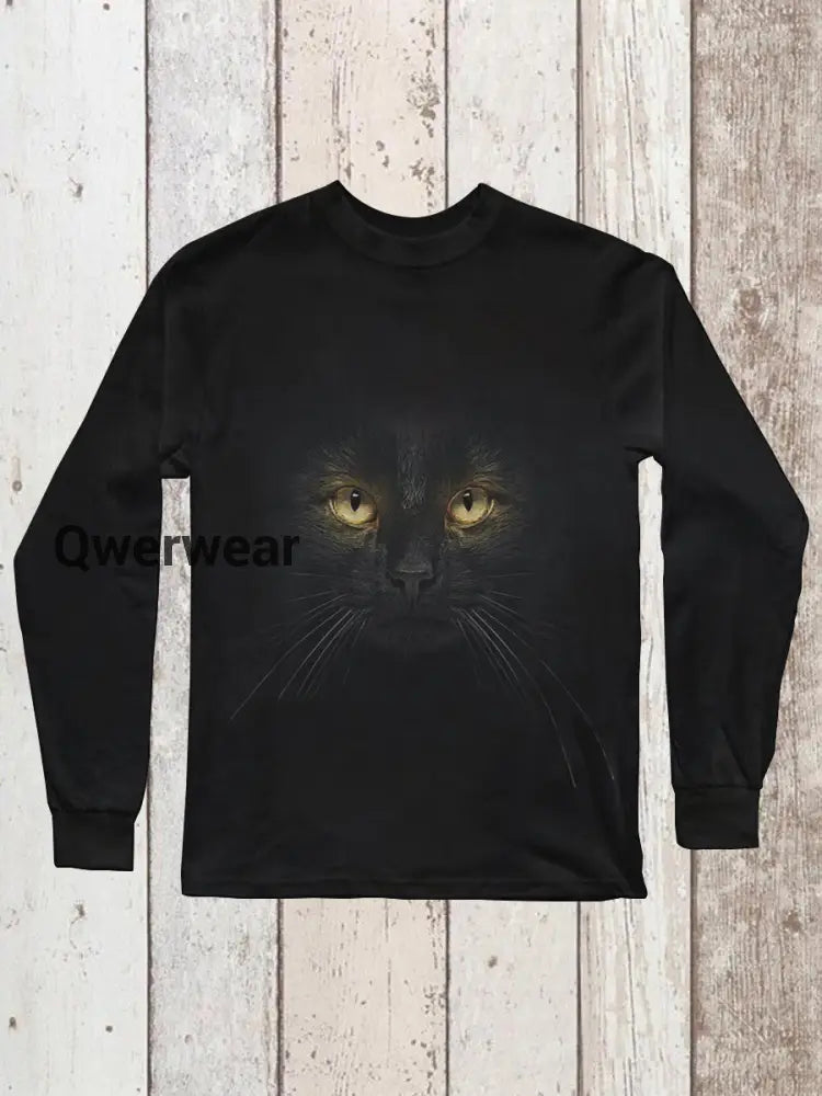 Black Cat Art Print Unisex Crew Neck Long Sleeve Casual T-Shirt Black / S