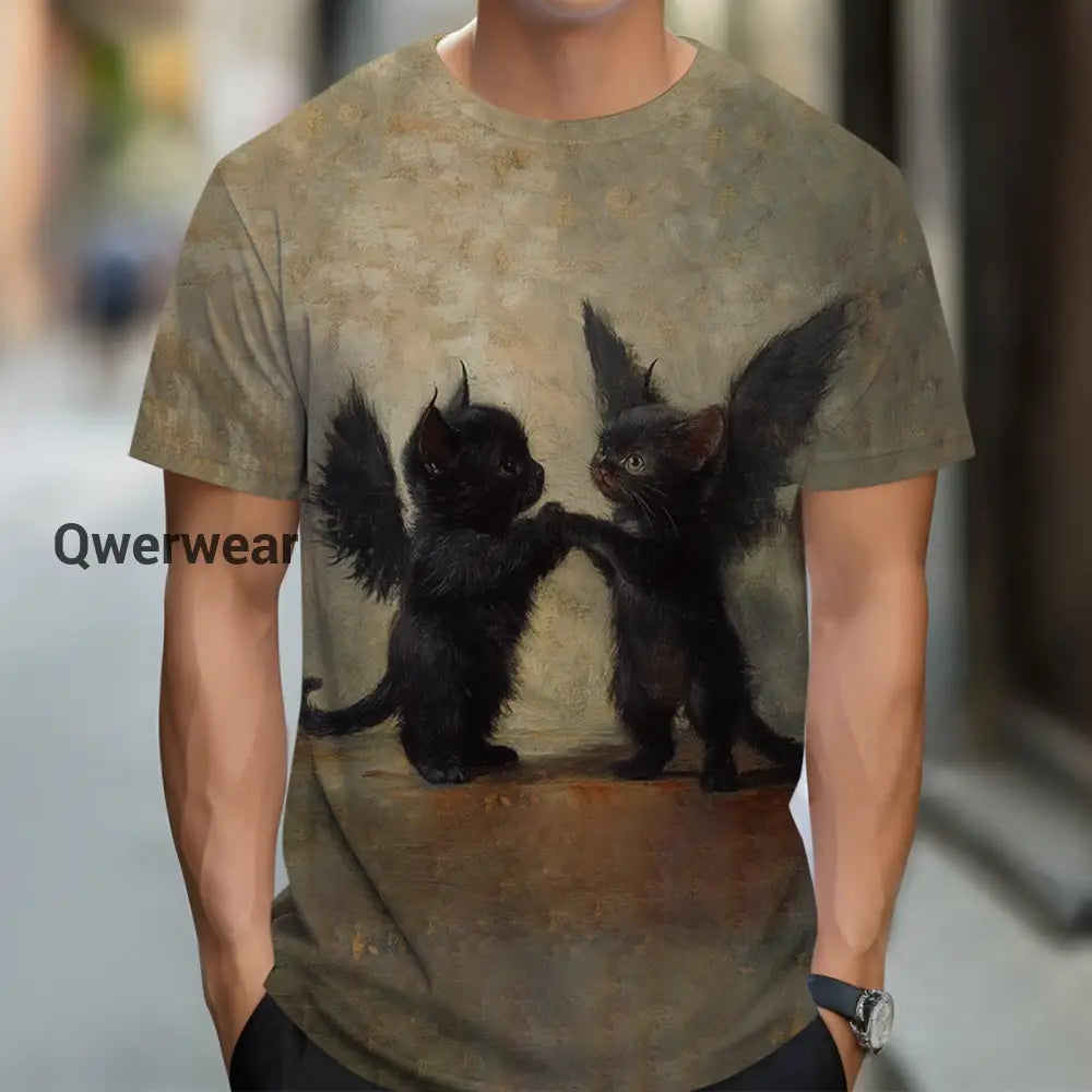 Black Cat Art Print Unisex Crew Neck Short Sleeve Casual T-Shirt