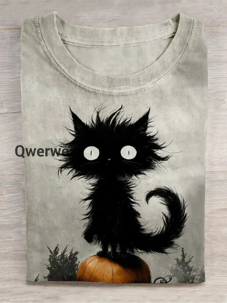 Black Cat Art Print Unisex Crew Neck Short Sleeve Casual T-Shirt Light Gray / S
