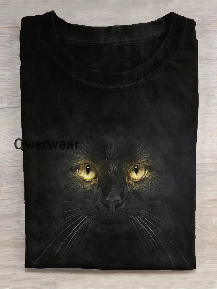 Black Cat Art Print Unisex Crew Neck Short Sleeve Casual T-Shirt Black / S