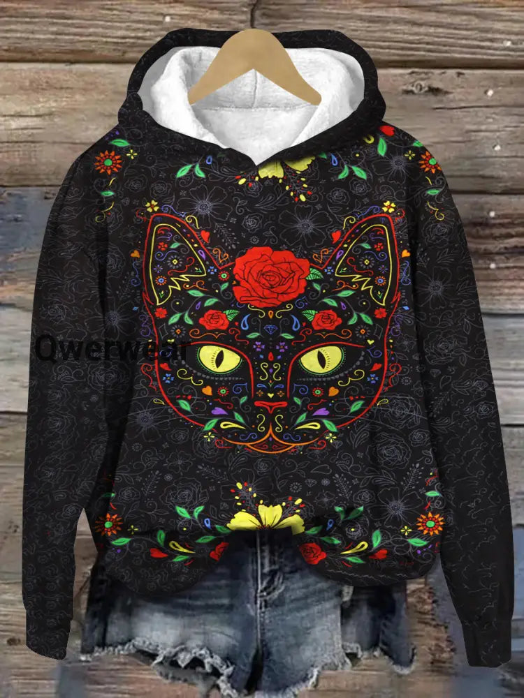 Black Cat Art Print Unisex Long Sleeve Casual Hooded Sweatshirt Black / S