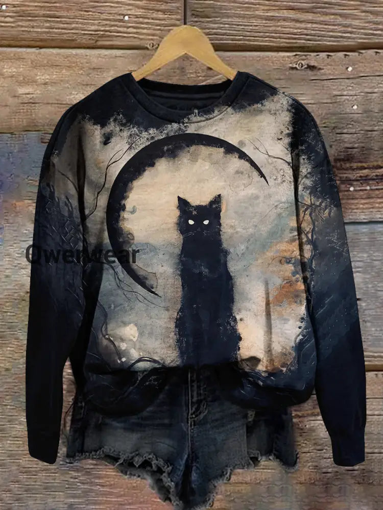 Black Cat Art Print Unisex Long Sleeve Crewneck Casual Sweatshirt Black-Brown / S