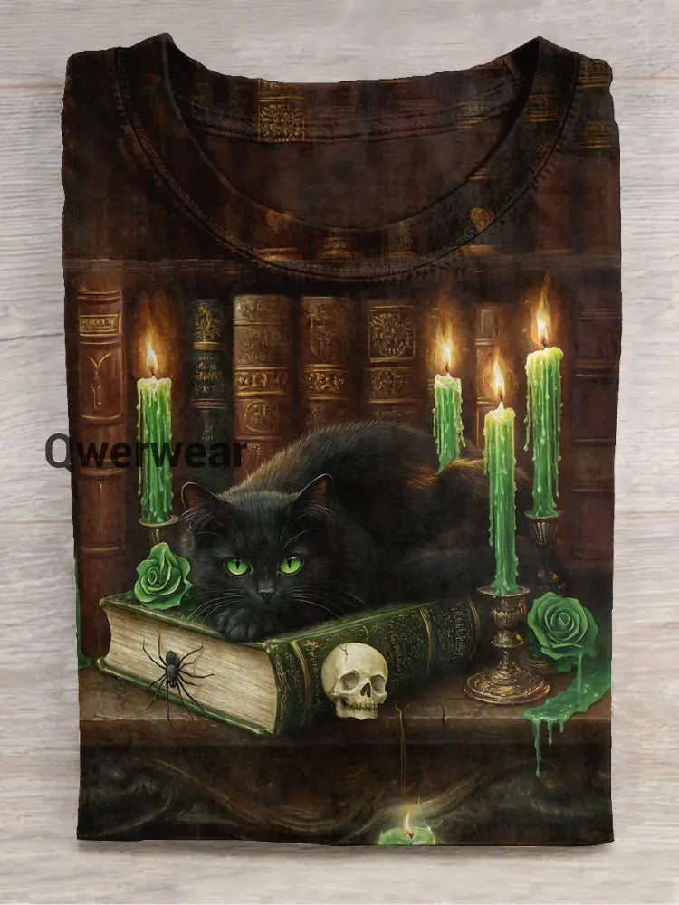 Black Cat Art Print Unisex Round Neck Short Sleeve Casual T-Shirt Dark Brown / S