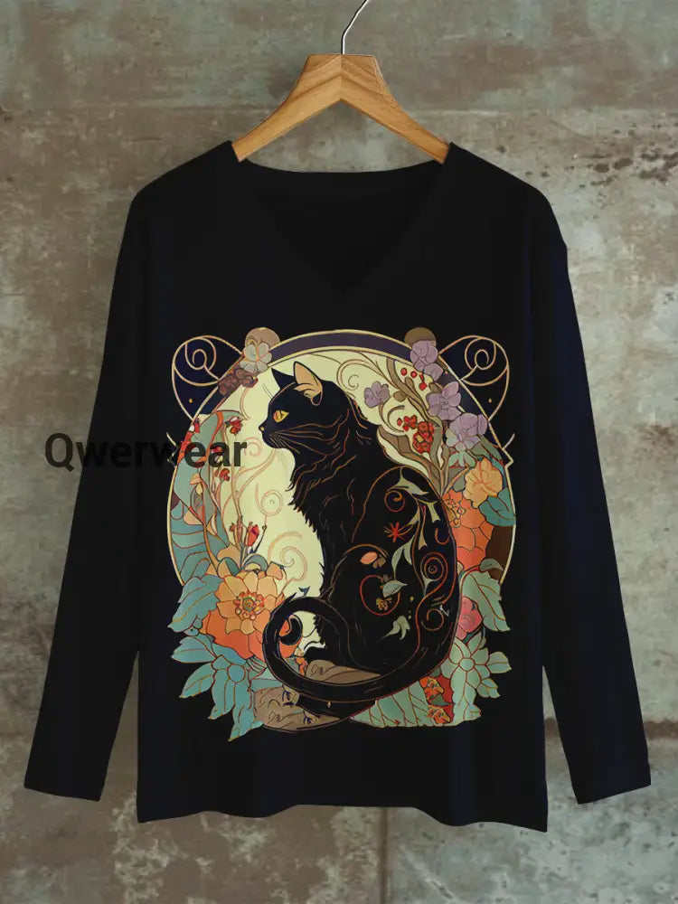Black Cat Art Print Unisex V-Neck Long Sleeve T-Shirt Dark Blue / S