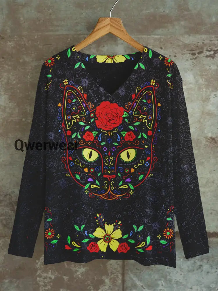 Black Cat Art Print Unisex V-Neck Long Sleeve T-Shirt Black / S