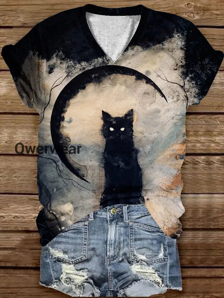 Black Cat Art Print Unisex V-Neck Short Sleeve Casual T-Shirt Black-Brown / S