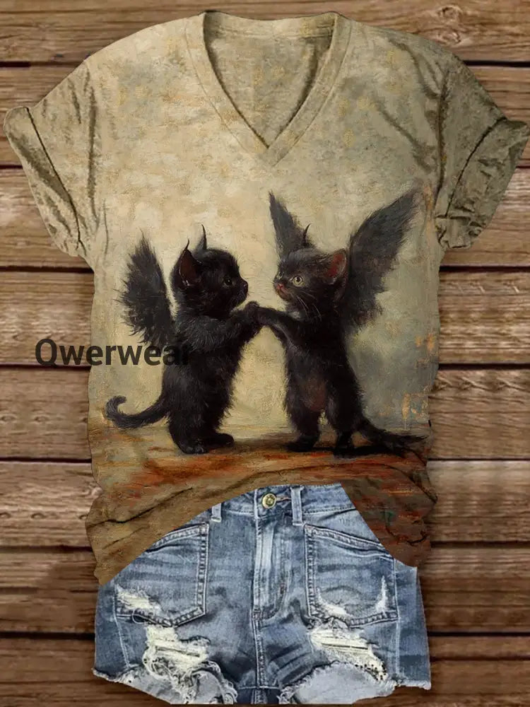 Black Cat Art Print Unisex V-Neck Short Sleeve Casual T-Shirt Light Brown / S