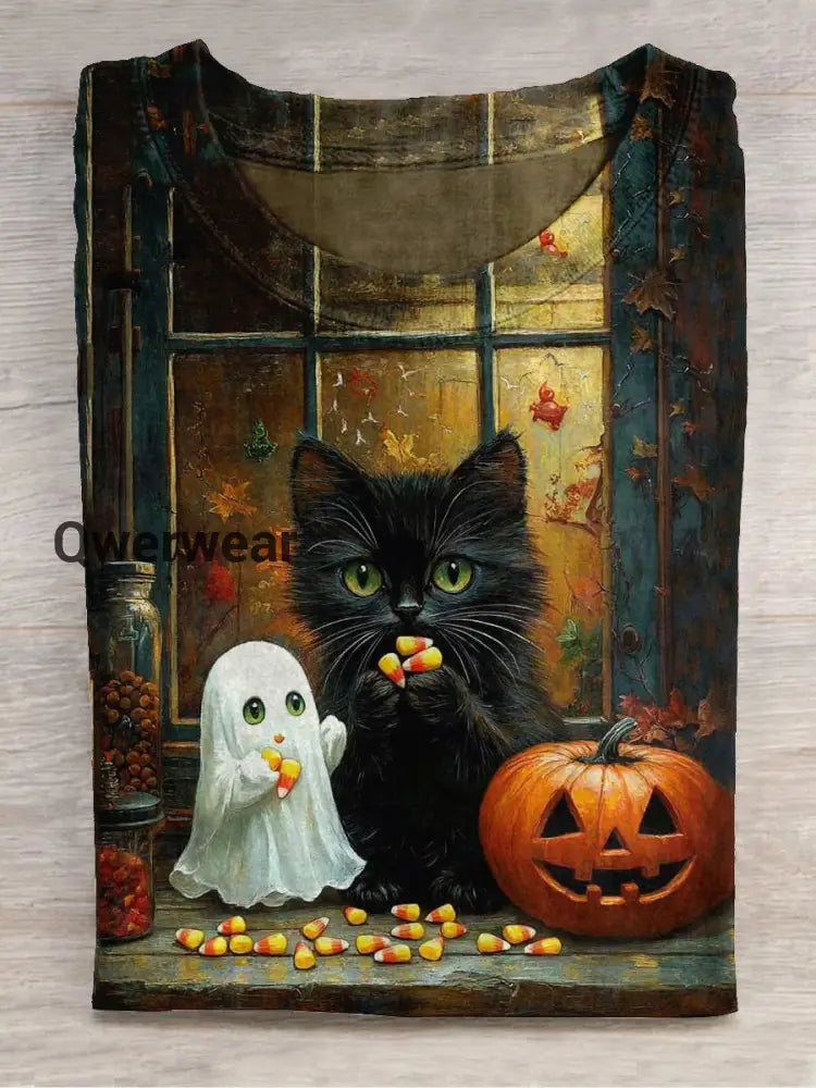 Black Cat Ghost Pumpkin Candy Art Print Unisex Round Neck Short Sleeve Casual T-Shirt Dark Brown / S
