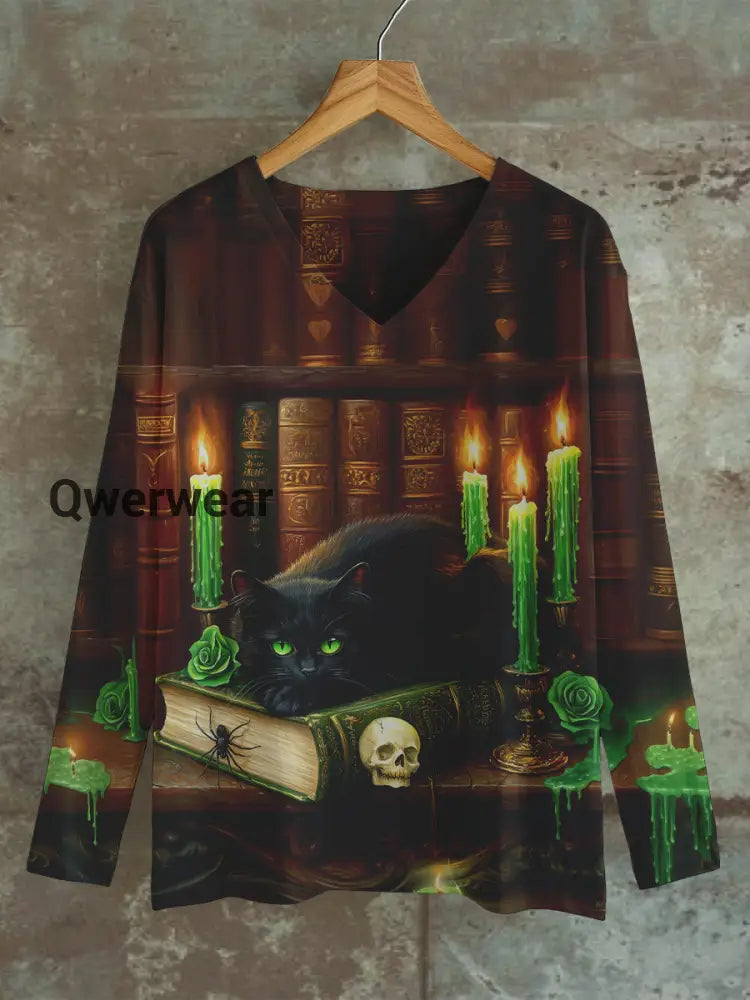 Black Cat Magic Book Art Print Unisex V-Neck Long Sleeve Casual T-Shirt Dark Brown / S