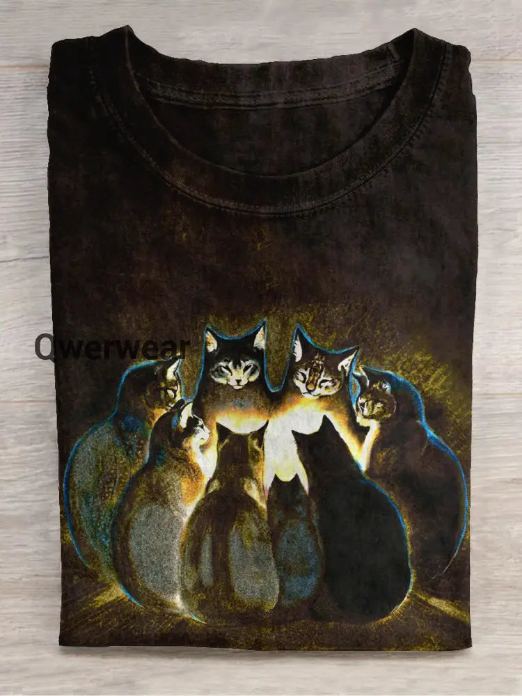 Black Cat Ritual Art Print Unisex Crew Neck Short Sleeve Casual T-Shirt Black-Brown / S