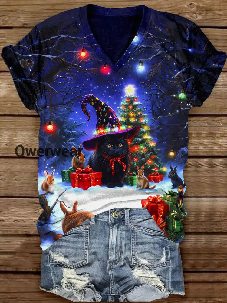 Black Cat Witch Christmas Tree Christmas Art Print Unisex V-neck Short Sleeve Casual T-shirt Navy Blue / S