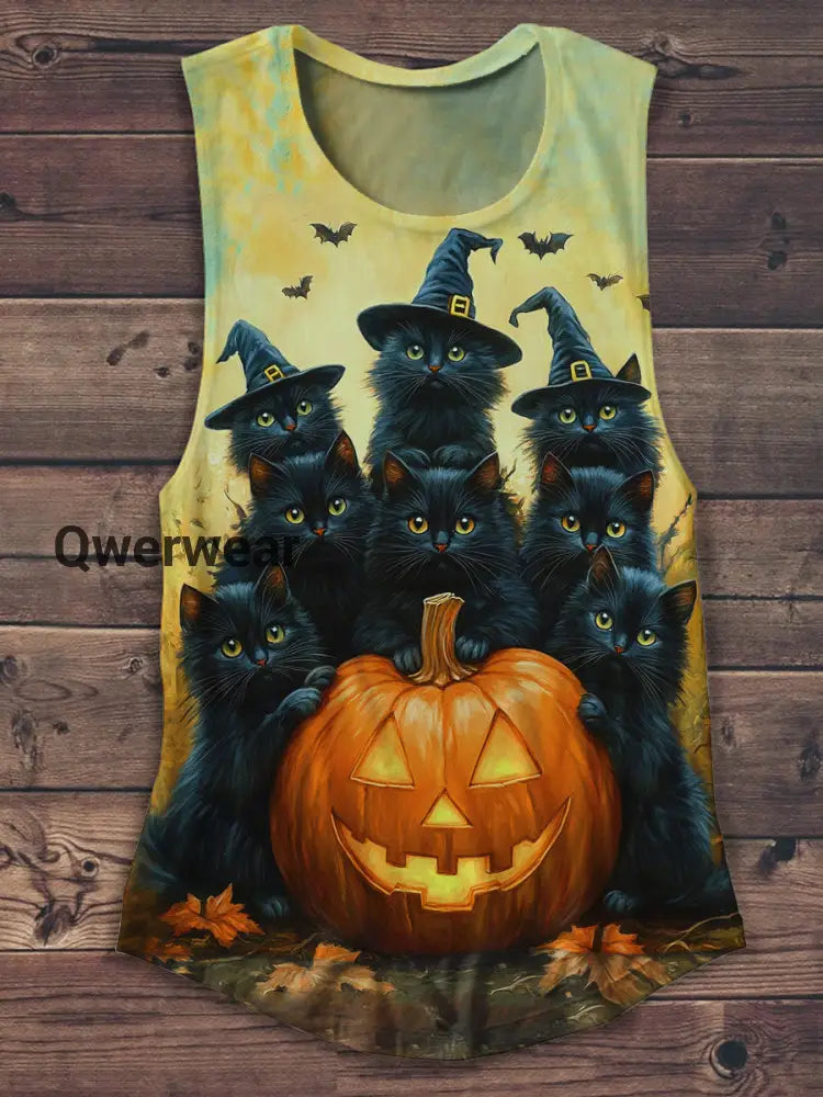 Black Cat Wizard Art Print Unisex Casual Tank Top Light Brown / S