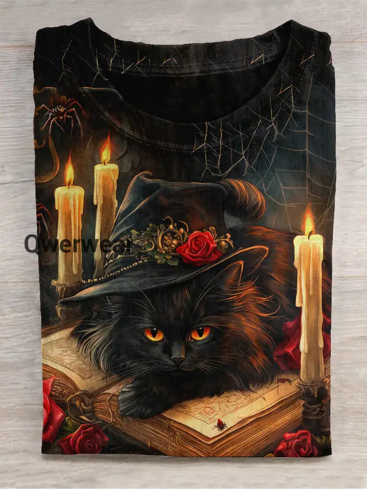 Black Cat Wizard Art Print Unisex Round Neck Short Sleeve Casual T-Shirt Black / S