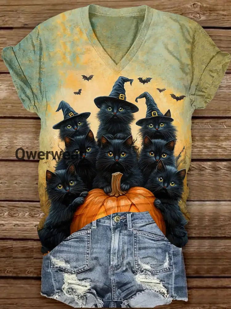 Black Cat Wizard Art Print Unisex V-Neck Short Sleeve Casual T-Shirt Light Brown / S