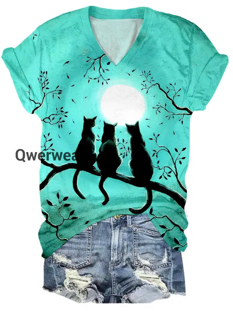 Black Cats Print V Neck T-Shirt multicolor / S Women\’s Tops