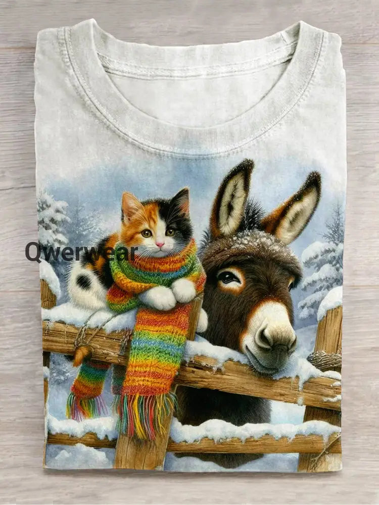 Cat And Donkey Wearing Christmas Scarf Christmas Art Print Unisex Round Neck Short Sleeve Casual T-Shirt White / S