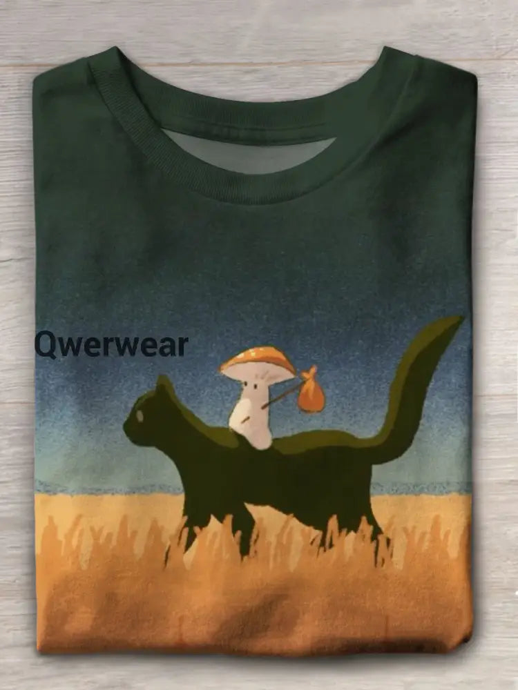 Cat and Mushroom Retro Crew Neck T-shirt Mixed Color / S Women\’s Tops