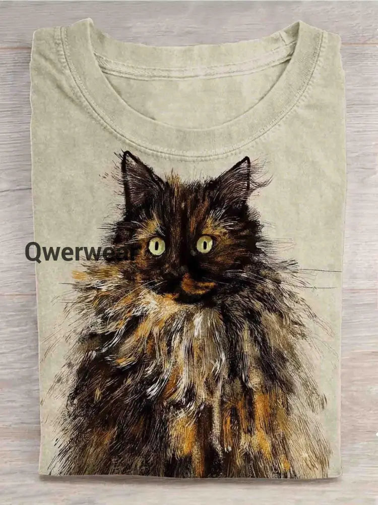 Cat Art Print Casual Crew Neck T-shirt As Picture / S Halloween