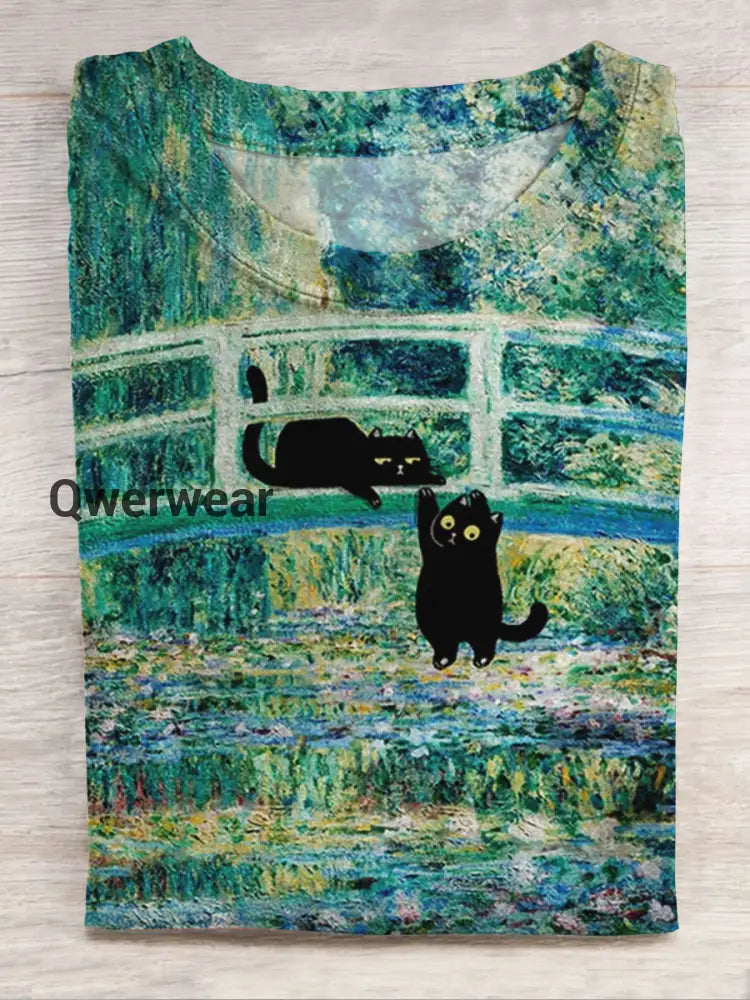 Cat Art Print Casual Short Sleeve Top Multicolor / S