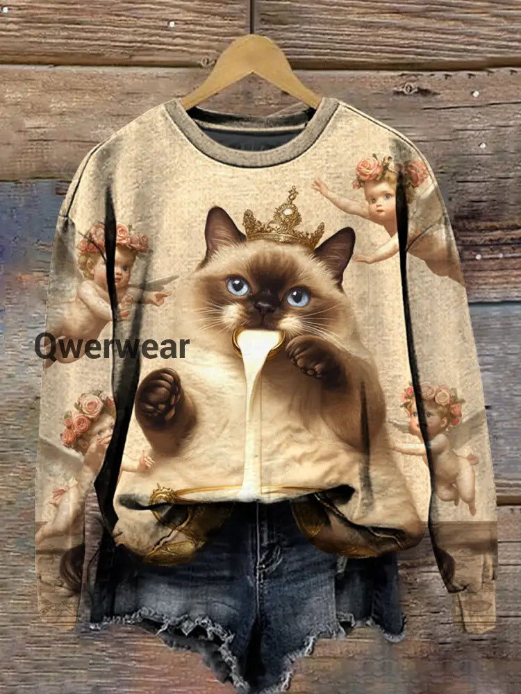 Cat Art Print Round Neck Long Sleeve Casual Sweatshirt Khaki / S