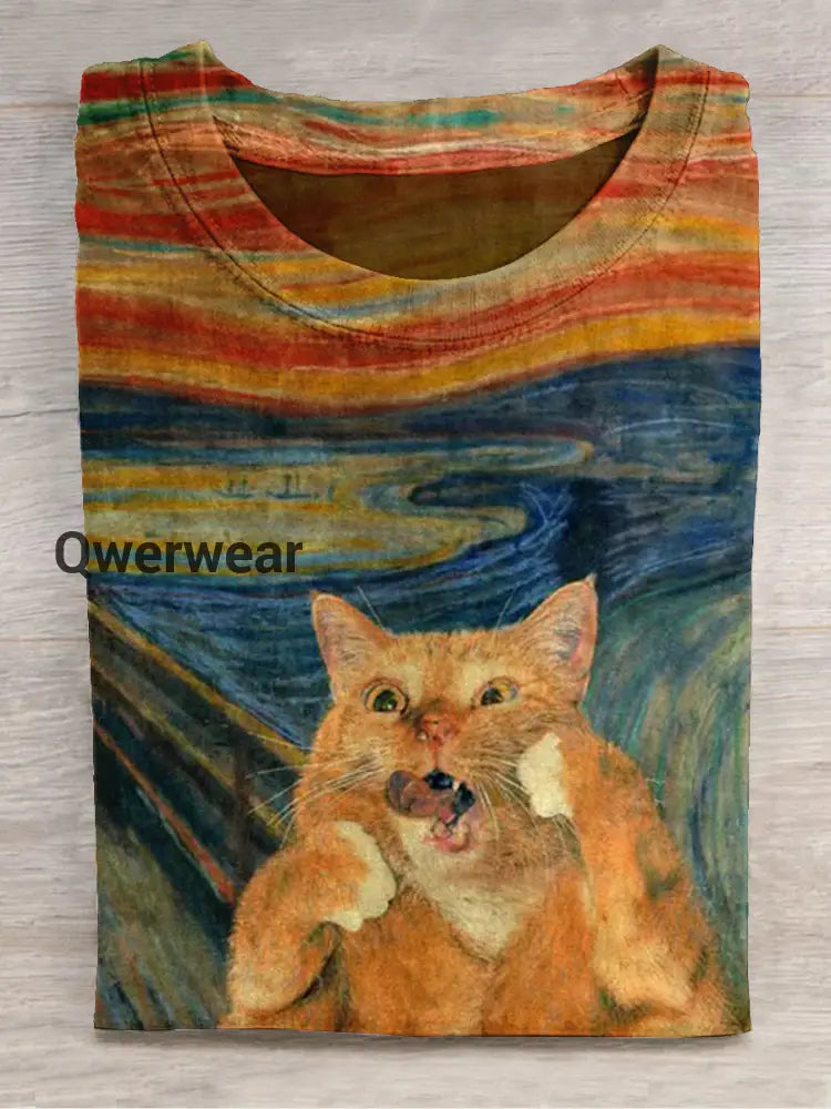 Cat Art Print Round Neck Short Sleeve Casual T-Shirt Blue-Orange / S