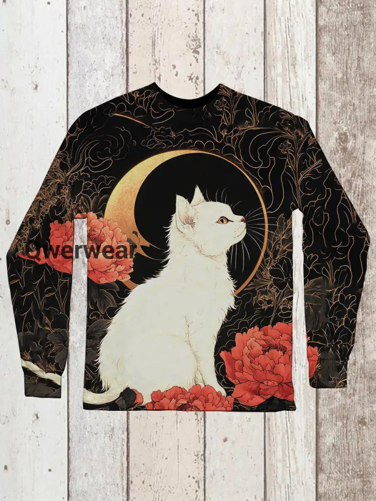 Cat Art Print Unisex Crew Neck Long Sleeve Casual T-Shirt Black / S