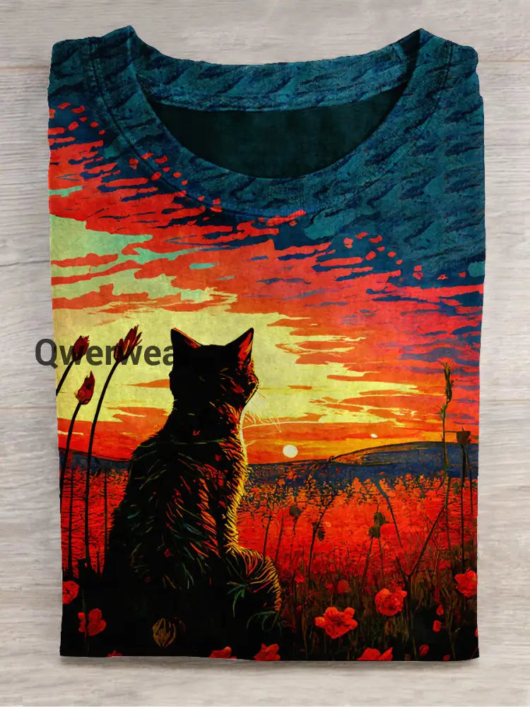 Cat Art Print Unisex Crew Neck Short Sleeve Casual T-Shirt Blue-Red / S