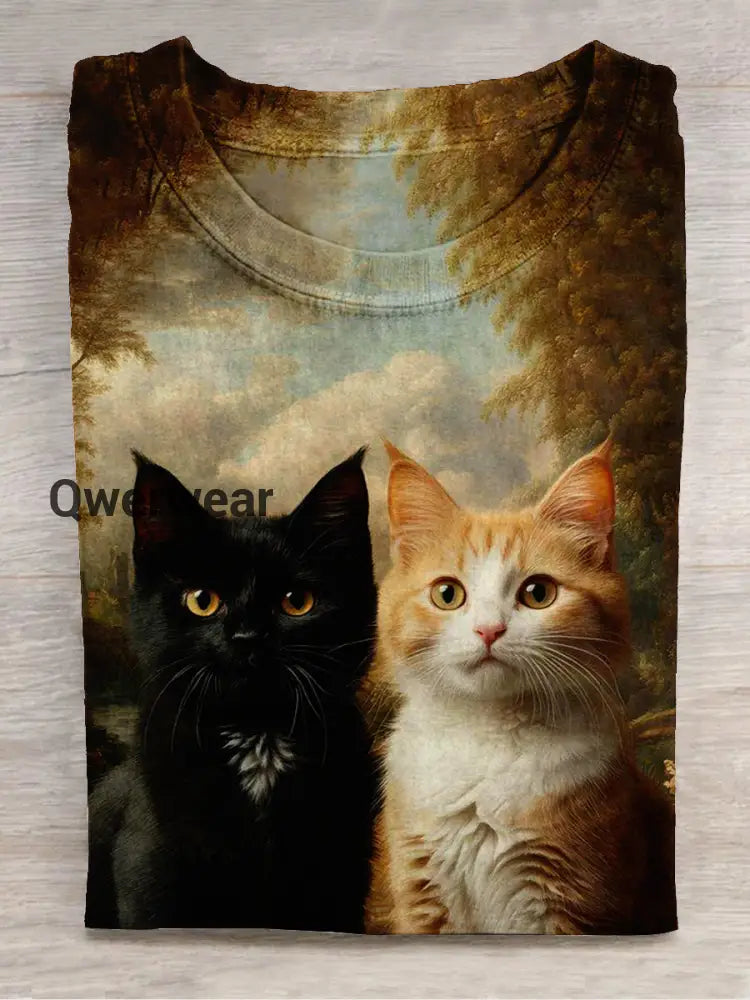 Cat Art Print Unisex Crew Neck Short Sleeve Casual T-Shirt Dark Brown / S