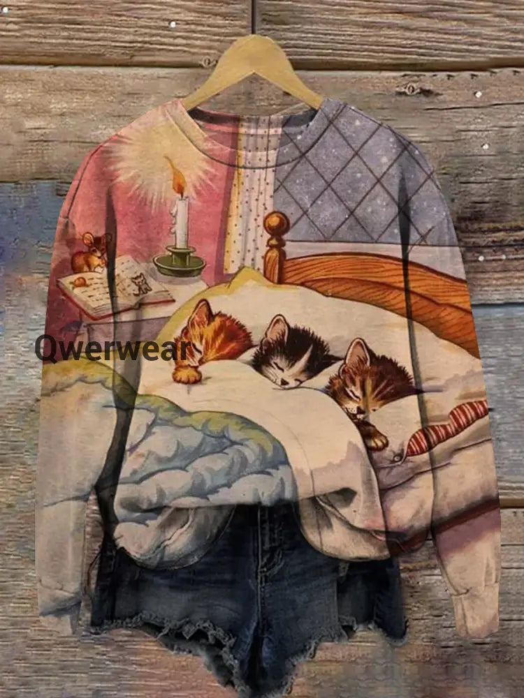 Cat Art Print Unisex Long Sleeve Crewneck Casual Sweatshirt A / S