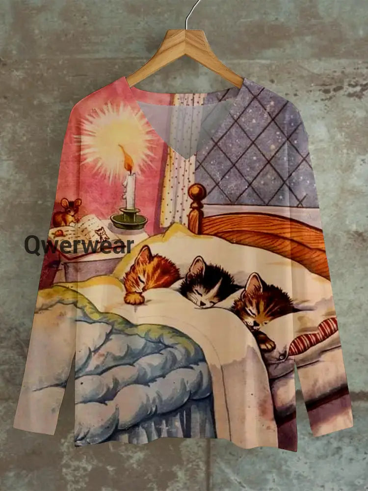 Cat Art Print Unisex V-Neck Long Sleeve Casual T-Shirt A / S