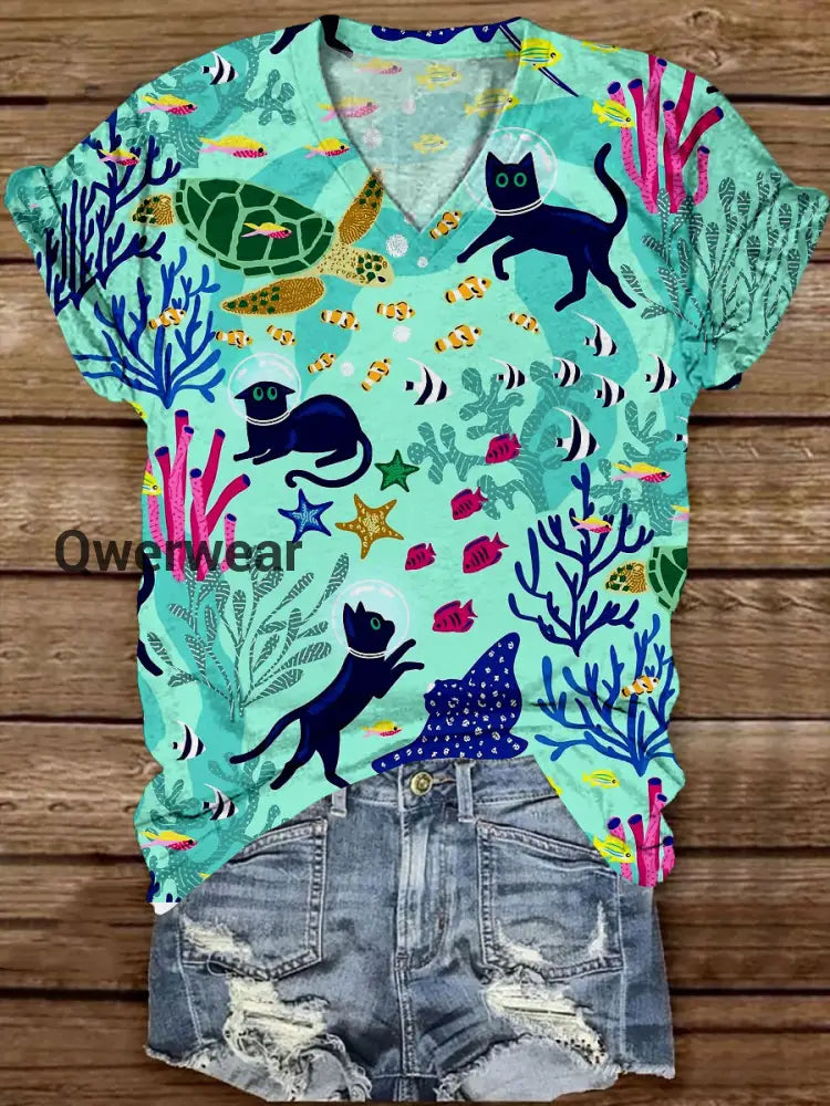 Cat Art Print Unisex V-Neck Short Sleeve Casual T-Shirt Cyan / S