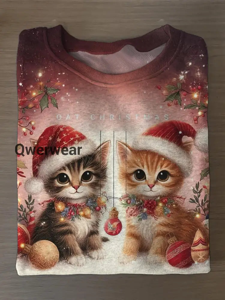 Cat Christmas Printed Long Sleeve Casual Top Red / S Women\’s Tops